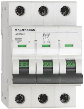 Dvärgbrytare Malmbergs, 10A, 3P, B-Typ